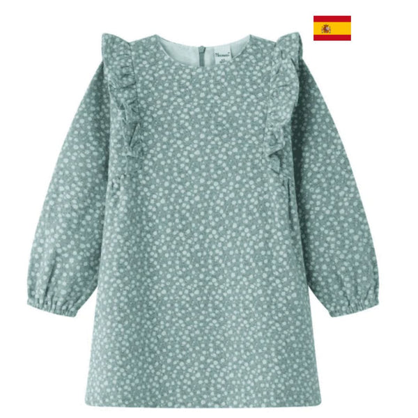 Vestido  verde en estampada de flores tipo liberty. Mangas con goma interior en puño. Cierre de cremallera invisible en espalda para niña | Newness