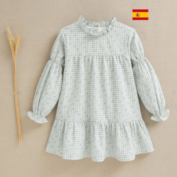 Vestido color  verde agua con cuadros vichy y estampado de cerezas, para niña | Dadati