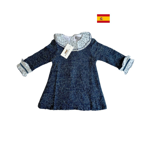 Vestido marino con volante al cuello color blanco con puntos azules para niña | Dadati