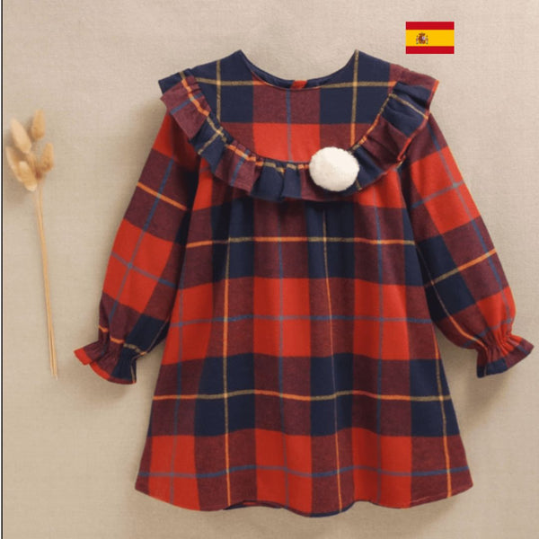 Vestido de niña de cuadros tartán rojos y azules con pompón para niña   Dadti