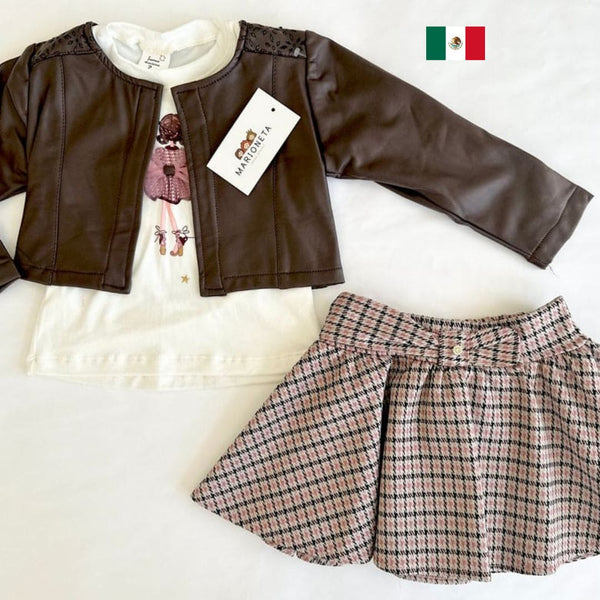 Conjunto tres piezas chamarra cafe falda a cuadros y playera ivory para niña | mexicana o