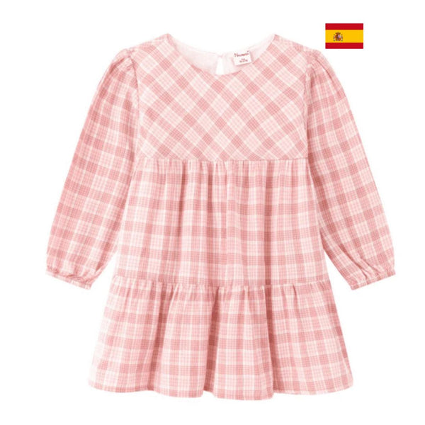 Vestido en popelín de cuadros rosa manga larga con goma elástica en puños. Canesú delantero al biés para niña | Newness