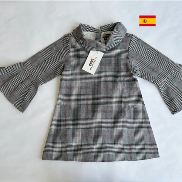 Vestido cuadros gris con tinto con adorno de pompon al frente para niña | Dadati