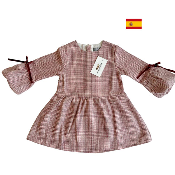 Vestido marron con cuello redondo y manga larga con lazo de terciopelo a los lados  para niña | Dadati