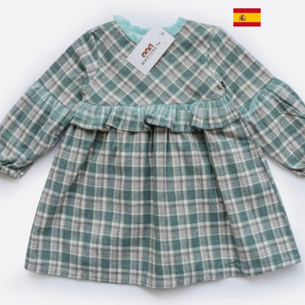 Vestido cuadros verdes con adornos de tul manga larga para niña | Newness