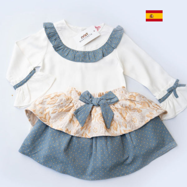 Conjunto dos piezas falda azul con faldon estampado oro y blusa blanca con detalles azules para niña | Newness