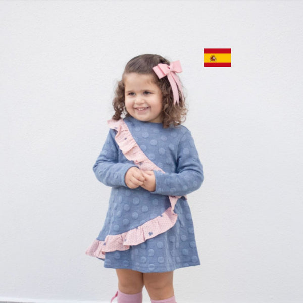 Vestido color azul con adornos de olan al frente color rosa para niña | Dadati