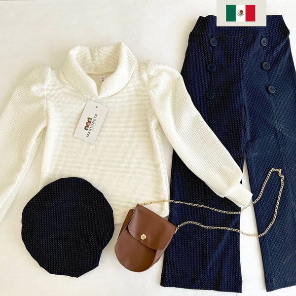 Conjunto tres piezas playera ivory pantalon marino y gorra para niña | mexicana no