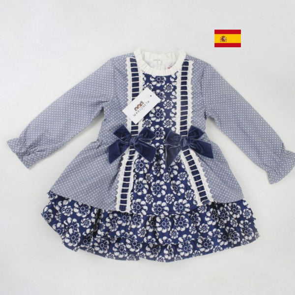 Vestido azul con detalles al frente marino de terciopelo para niña | Newness