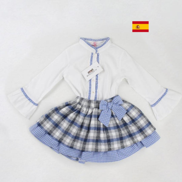 Conjunto dos piezas de falda azul a cuadros y blusa blanca con detalles azules para niña | Newness