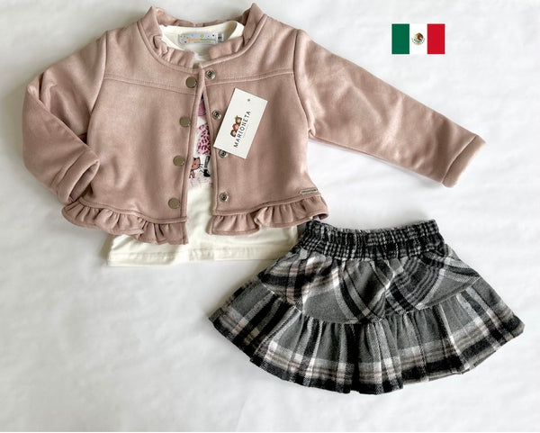 Conjunto tres piezas falda cuadros chaqueta con borrega rosa y playera ivory para niña | Mexicana lo lo