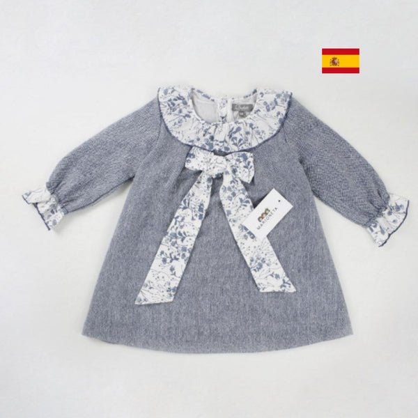 Vestido azul con moño al frente y cuello volante para niña/bebé niña| Dadati