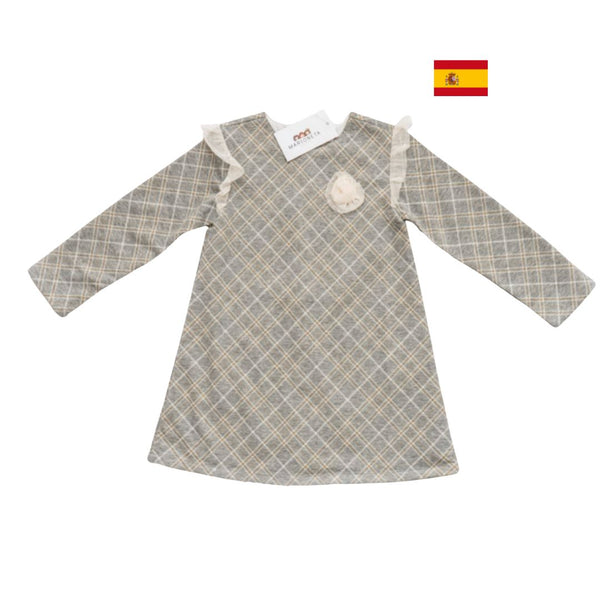 Vestido cuadros color gris y dorado manga larga con detalles de tul para niña | Newness