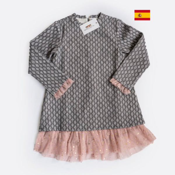 Vestido gris con adorno de tul color rosa con estrellas para niña | Newness