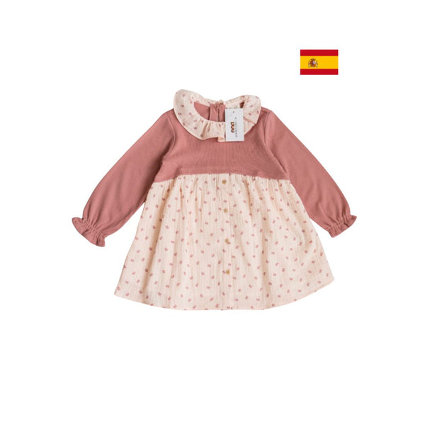 Vestido de niña combinado de punto con muselina de ramitas rosas para niña | DADATI