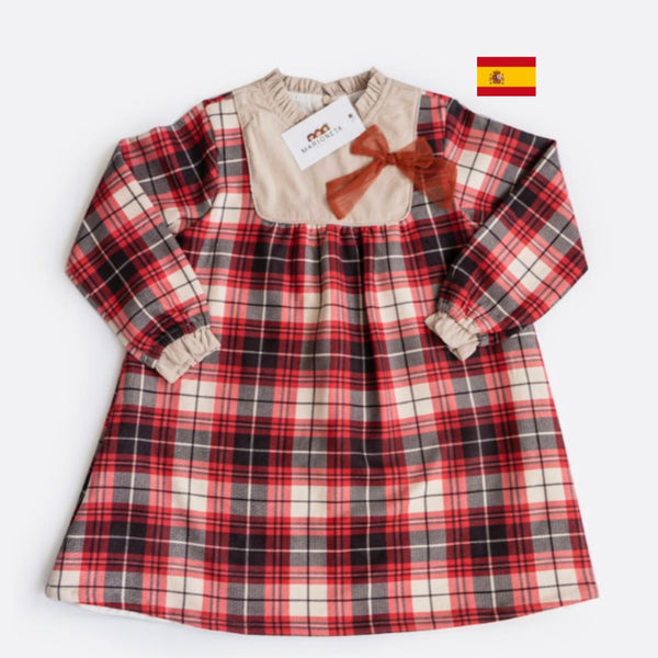 Vestido cuadros rojos combinado con perla y lazo rojo al frente manga larga para niña | Newness