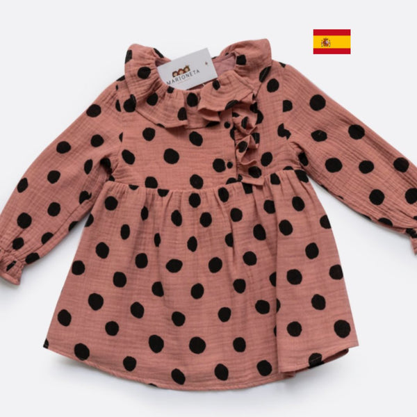 Vestido niña bambula coral estampado lunares negro con cuello volante para niña | Dadati