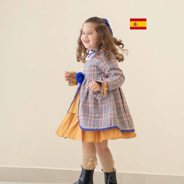 Vestido cuadros azul y marron con detalles azul rey para niña | Newness