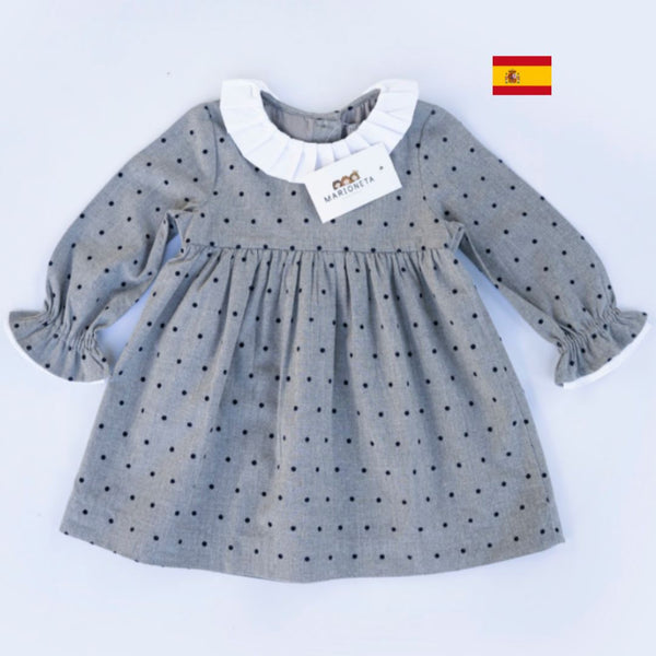 Vestido color gris con lunares y cuello blanco para niña | Losan