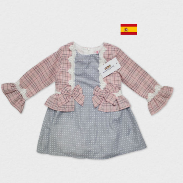 Vestido color rosa con gris y mangas francesas para niña| Newness