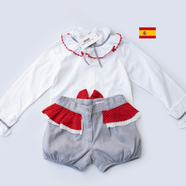 Conjunto dos piezas para niña short gris y camisa blanca  | Newness