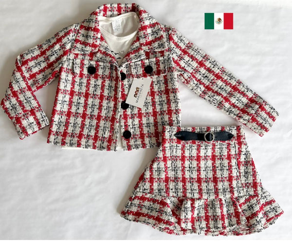 Conjunto tres piezas chaqueta y falda roja y blanca a cuadros y playera blanca con estampo de venado.  MEXICANA