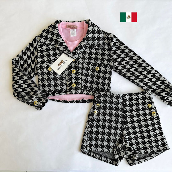 Conjunto tres piezas short, saco  pata de gallo y blusa color rosa para niña | mexicana