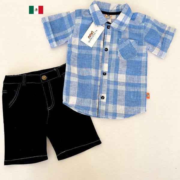 Conjunto dos piezas camisa a cuadros color azul y short mezclilla para niño, Mexicana