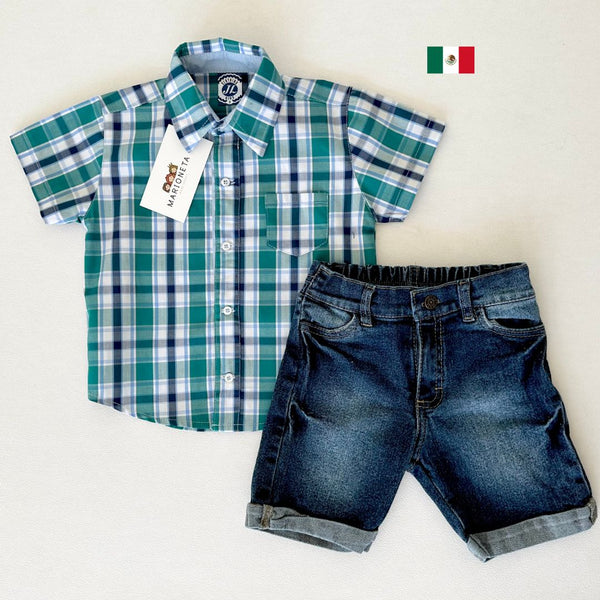 Conjunto de dos piezas camisa cuadros verde y short mezclilla para niño . JL