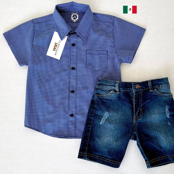 Conjunto dos piezas camisa a cuadros azul con short mezclilla para niño JL