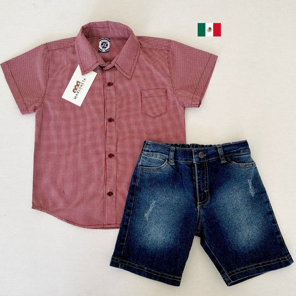 Conjunto dos piezas camisa a cuadros roja l con short mezclilla para niño. JL