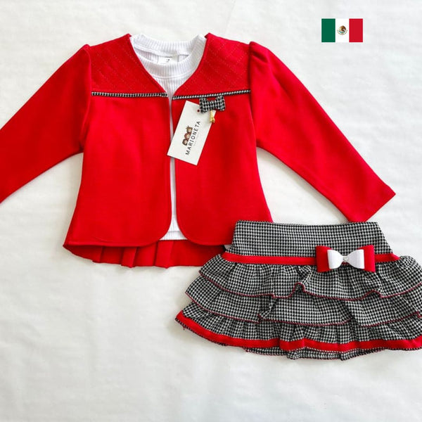 Conjunto tres piezas falda gallo, chaqueta roja playera blanca para niña | mexicano lo lo