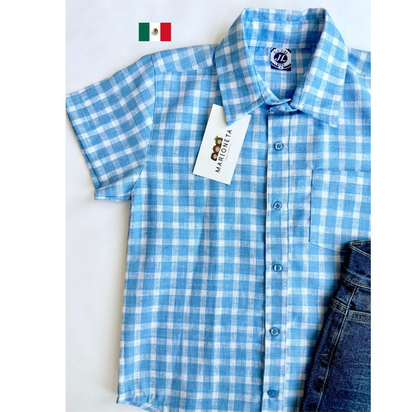 Conjunto dos piezas short mezcilla y camisa cuadros azul con blanco para niño | MEXICANO