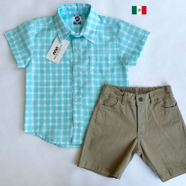 Conjunto de dos piezas short de gabardina beige  y camisa azul verde a  cuadros  para niño | MEXICANO