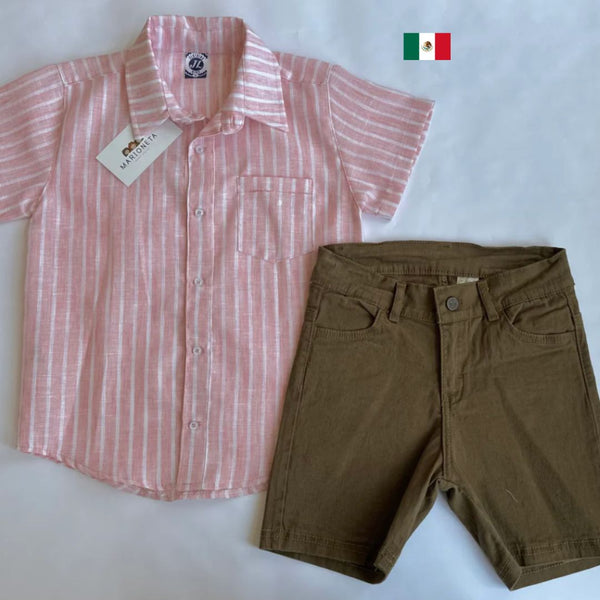 Conjunto de dos piezas short de gabardina caqui y camisa  salmon con rayas blancas   para niño | MEXICANO