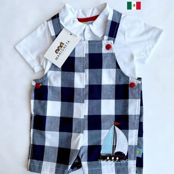 Overol corto cuadros marino con blanco y playera blanca para bebe niño | MEXICANO