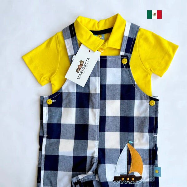 Overol corto cuadros marino con blanco y playera amarilla  para bebe niño