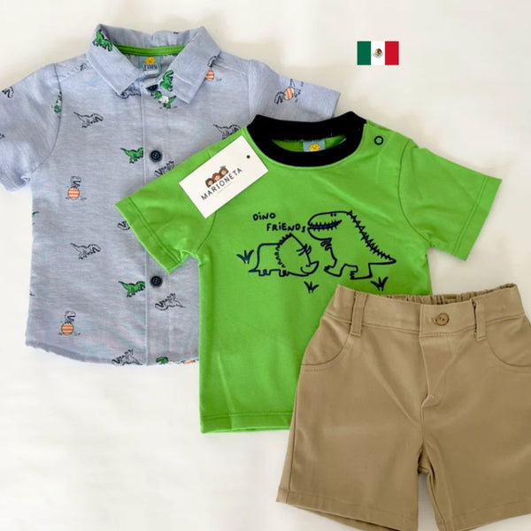 Conjunto tres piezas short beige camisa  azul estampada y playera verde para bebe niño | MEXICANA