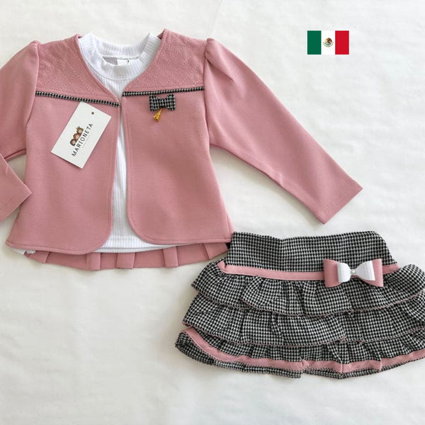 Conjunto tres piezas falda gallo, chaqueta rosa playera blanca para niña | mexicano lo