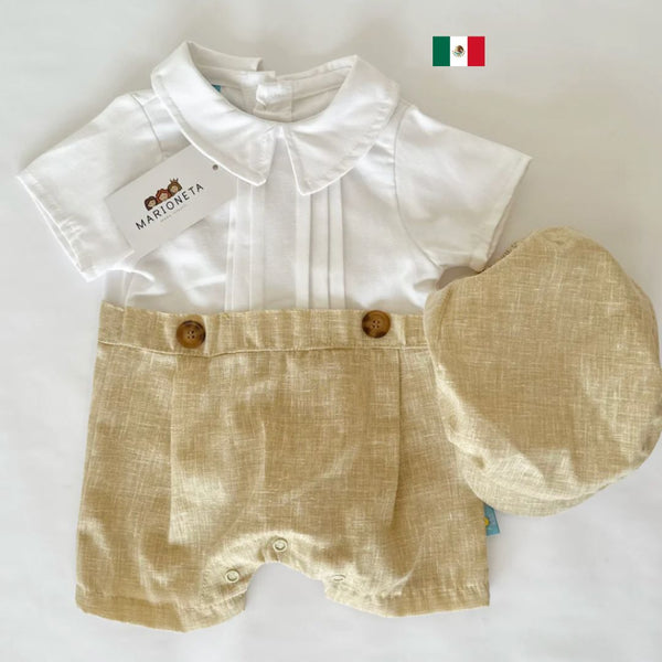 Pelele color blanco con beige y gorra para bebe niño | mexicana