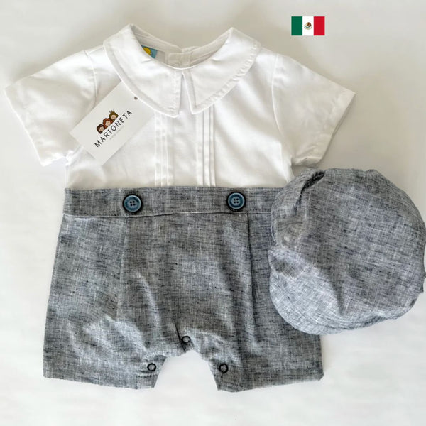 Pelele color blanco con gris y gorra para bebe niño | mexicana