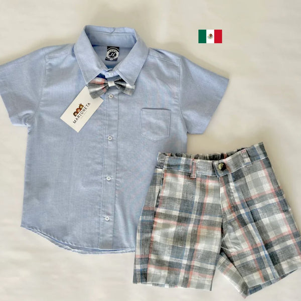 Conjunto tres piezas short cuadros gris y camisa azul cielo con moño a cuadros | mexicana