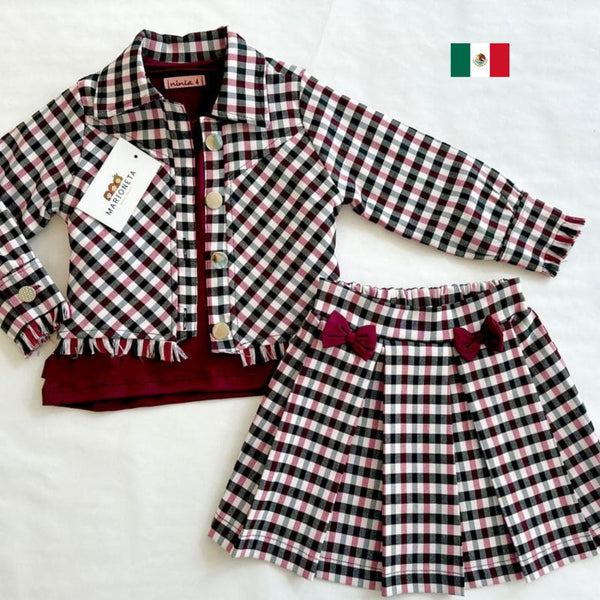 Conjunto tres piezas falda y chaqueta estampada de cuadros y playera color tinto para niña. Mexicana|