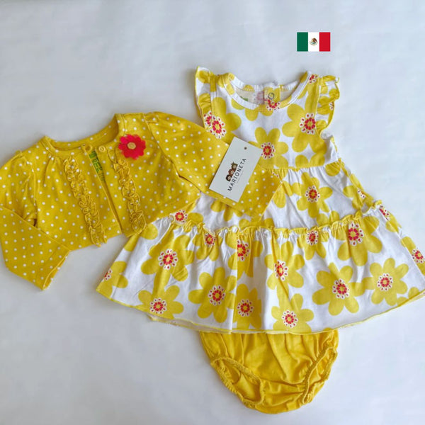 Vestido amarillo estampado de flores con chaqueta y braguita para bebe niña  | sesame