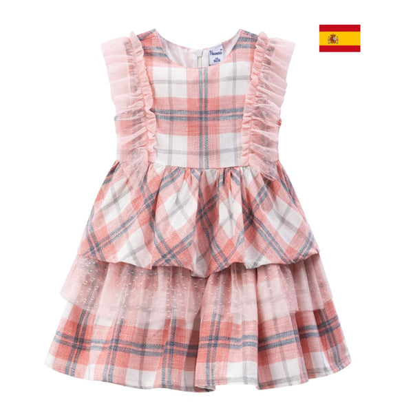 Vestido estampado a cuadros color rosa con detalles de tul para niña | Newness