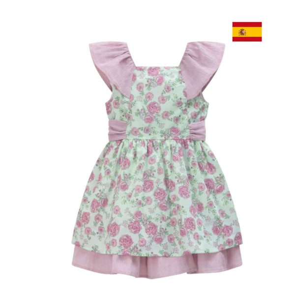 Vestido de fiesta  verde con flores del color malva para niña | Newness