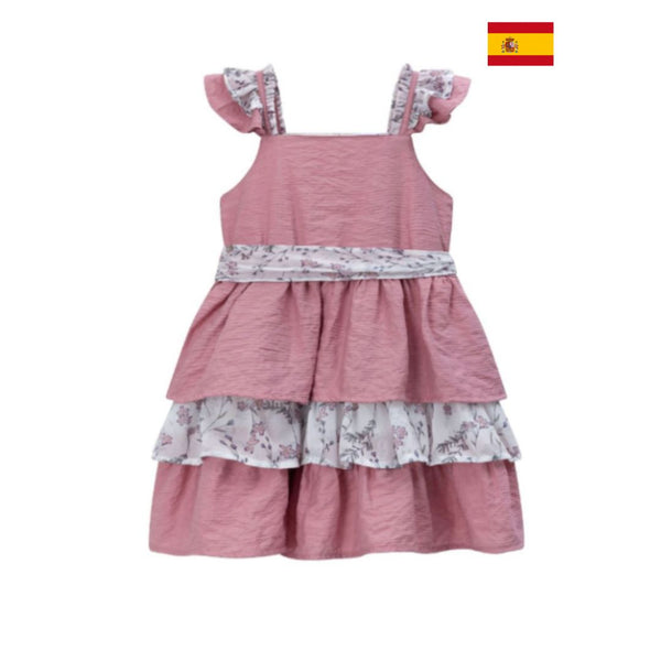 Vestido de vestir  rosa con tejido blanco con flores rosas y lazo por la parte de atras para niña | Newness