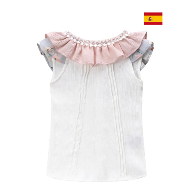 Conjunto dos piezas falda rosa dos colores estampada y blusa blanca con detalles al cuello de color rosa y estampado para niña | Newness