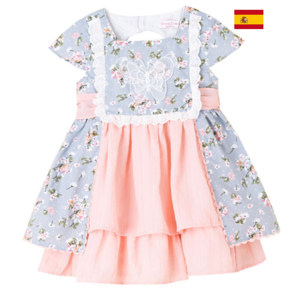 Vestido estampado salmon y azul con flores para niña | Newness