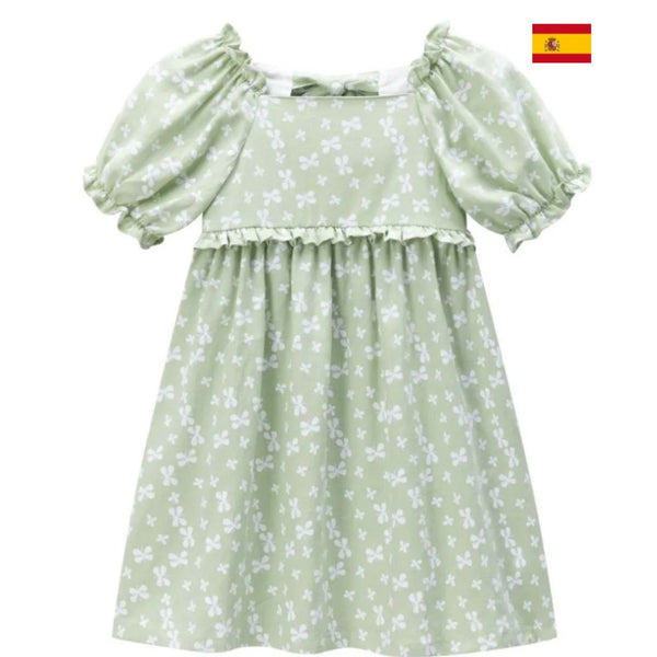 Vestido verde estampado con mariposas blancas corte de cintura volante para niña | Newness